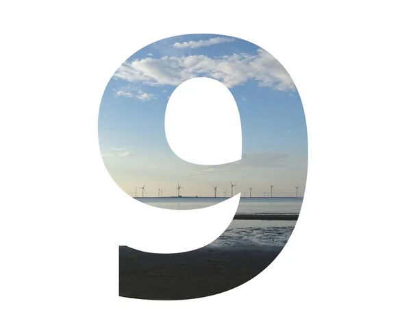 Number Alphabet Made Water Beach Sky Row Windmills Colors Blue — Zdjęcie stockowe