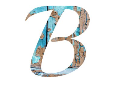 Üzerinde mavi ve kahverengi boya bulunan eski tahtalardan yapılmış alfabenin B harfi, beyaz arka planda izole edilmiş.