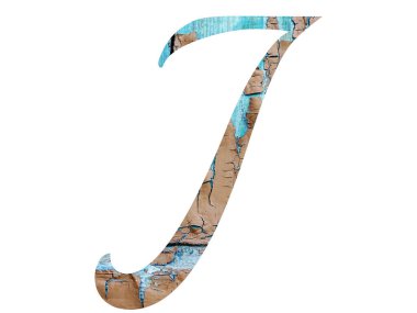 Alfabenin J harfi üzerinde mavi ve kahverengi boya bulunan eski tahtalardan yapılmış, beyaz arka planda izole edilmiş.