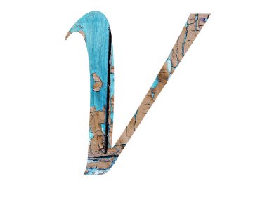 Üzerinde mavi ve kahverengi boya bulunan eski tahtalardan yapılan alfabenin V harfi, beyaz arka planda izole edilmiş.