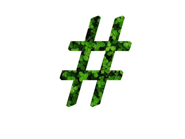 Hashtag Abecedy Zeleným Listem Jetelového Pole Vyrobeno Zelenou Barvou — Stock fotografie