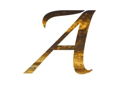 Alfabedeki A harfi üzerinde güneşin parladığı sarı bulutlardan oluşan sarı bir desen. Açık mavi, sarı ve altın renklerle