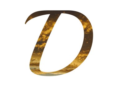 Alfabenin D harfi, üzerinde güneşin parladığı sarı bulutlardan oluşan sarı bir desen. Açık mavi, sarı ve altın renklerle