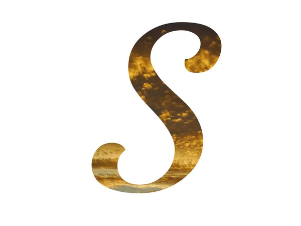 Letter S of the alphabet made with a yellow pattern of yellow clouds on which the sun shines. with colors light blue, yellow and gold