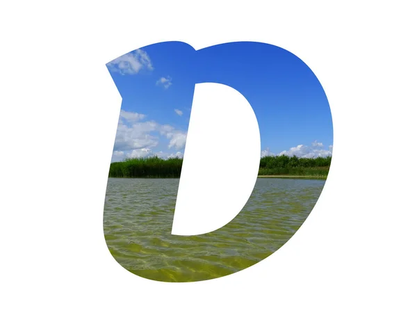 字母D 由蓝色的天空 绿色的芦苇和湖水构成 — 图库照片