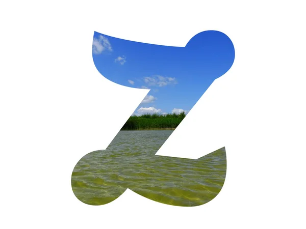 Буква Алфавита Выполнена Пейзажем Голубого Неба Зеленой Тростью Водой Озера — стоковое фото