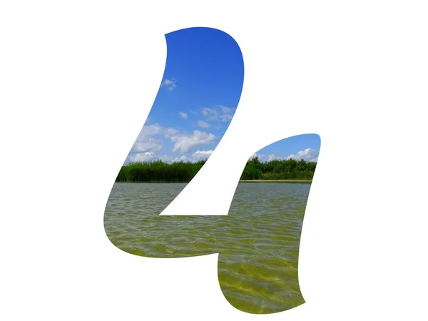 字母表中的第4号 由蓝色的天空 绿色的芦苇和湖水构成 — 图库照片