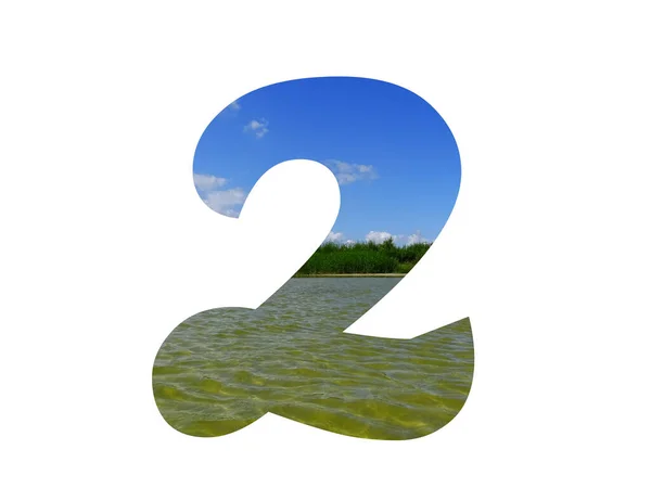Numer Alfabetu Wykonane Krajobrazu Niebieskiego Nieba Zielone Trzciny Wody Jeziora — Zdjęcie stockowe