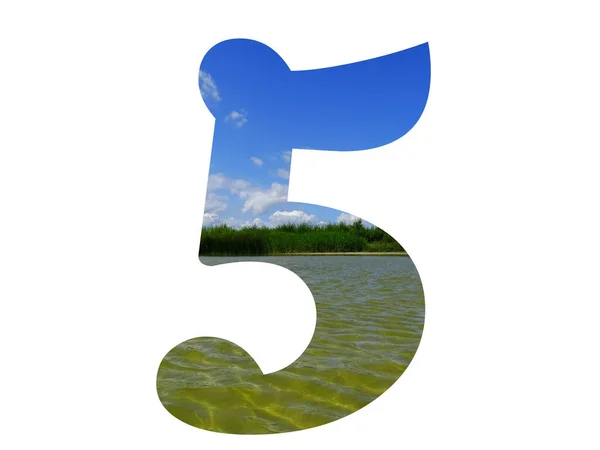 青い空と緑の葦と湖の水の風景で作られたアルファベットの数5 色は緑青白 — ストック写真