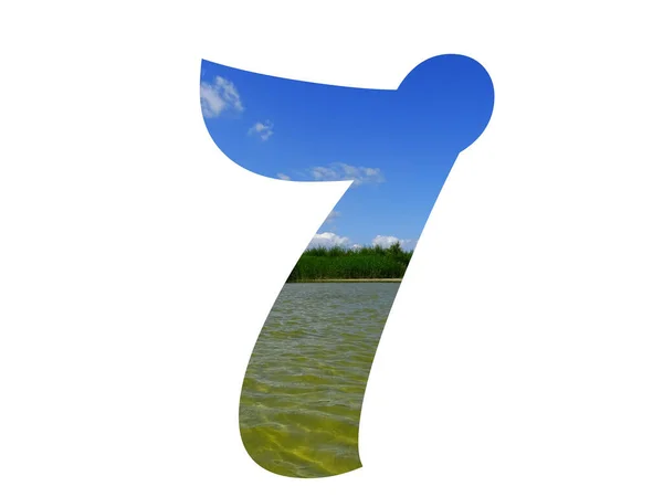 Number Alphabet Made Landscape Blue Sky Green Reeds Water Lake — Stock Photo, Image