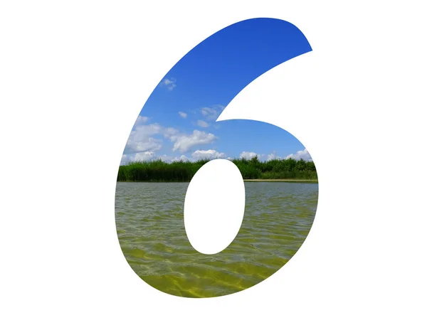 Numer Alfabetu Wykonanego Pejzażu Błękitnego Nieba Zielonych Trzcin Wody Jeziora — Zdjęcie stockowe