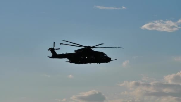 Dois helicópteros voam paralelos horizontalmente no céu azul nublado — Vídeo de Stock