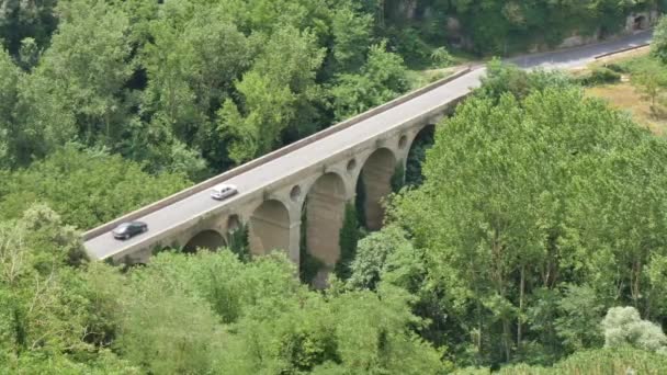 アーチ型の石造りの橋は、イタリアのトスカーナ州の緑の谷で数台の車で渡りました。 — ストック動画