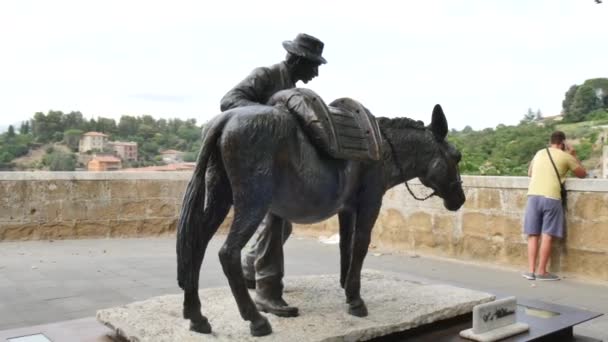Χάλκινο άγαλμα ενός άνδρα, αγρότη, με το μουλάρι του στο Pitigliano της Τοσκάνης — Αρχείο Βίντεο