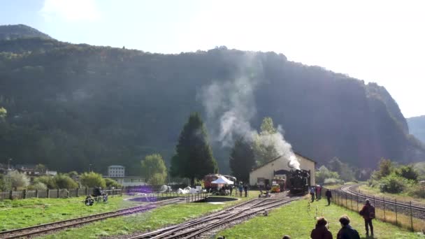 Soporte de locomotora de vapor en la distancia en ferrocarril — Vídeos de Stock