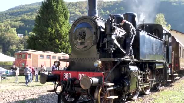 Trabalhador ferroviário verifica antigo trem a vapor locomotiva a vapor — Vídeo de Stock
