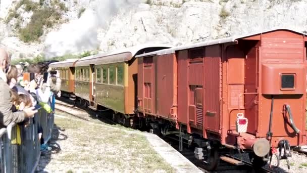 Los espectadores ven el viejo tren de locomotoras de vapor — Vídeos de Stock