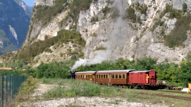 Vecchio treno a vapore locomotiva tirare tre carri rossi in montagna — Video Stock