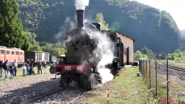 Antiguo tren de locomotoras de vapor con espectadores turísticos — Vídeo de stock