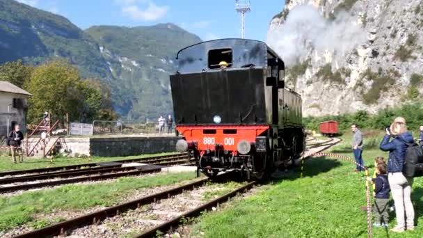 Treno nero locomotiva passaggio gruppo di turisti — Video Stock