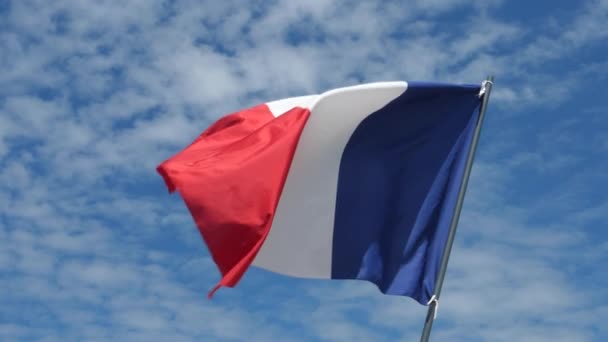 France Flag Waving in the Wind in Slow Motion Close Up with sky background — Stock Video