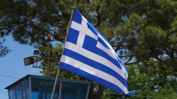 Bandera griega ondeando en el viento 4K Ultra HD Vídeo con árboles verdes de fondo — Vídeos de Stock