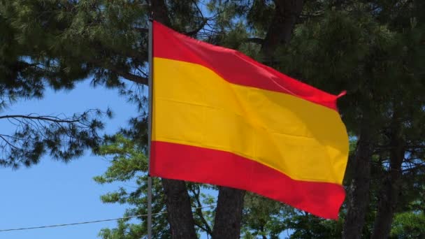 스페인의 깃발 이 바람에 흔들리는 장면 - 슬로우 모션 근접 하늘 배경 — 비디오