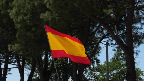 Spanje vlag zwaaien in de wind in slow motion close-up met lucht achtergrond — Stockvideo