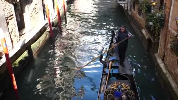 Vista de ângulo alto de Gondolier transportando pessoas em trajes venezianos em gôndola — Vídeo de Stock