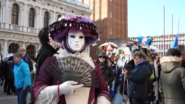 Mulheres com máscara de Carnaval de Veneza e dragas de pé — Vídeo de Stock