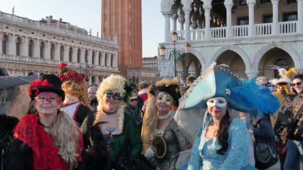 En grupp människor bär färgglada kostymer och masker under Venedig karneval — Stockvideo