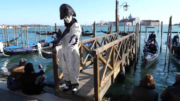 A person in Venetian carnival costume posing with a fan at St Giorgios Island — Stock Video