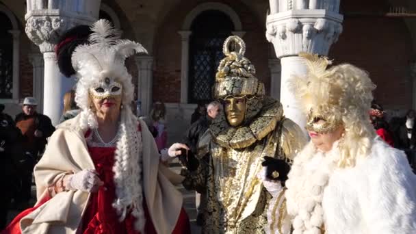 Starsi ludzie w weneckich kostiumach trzymający się za ręce podczas karnawału w Wenecji — Wideo stockowe