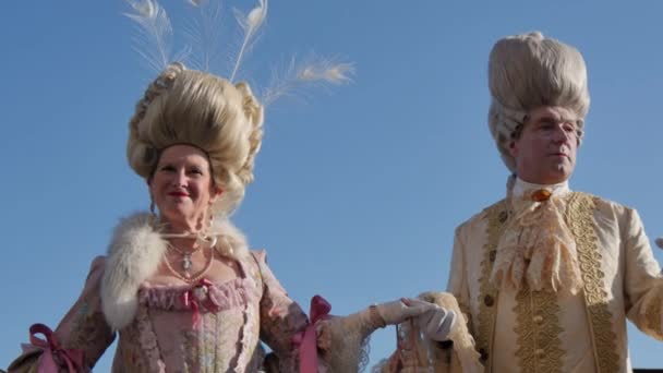 Un couple portant des costumes avec une vieille coiffure pendant le carnaval vénitien — Video