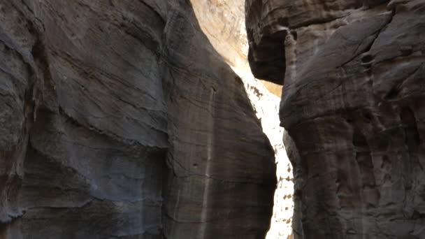 Toeristen lopen door de Siq hoofdingang naar de stad Petra Jordan — Stockvideo