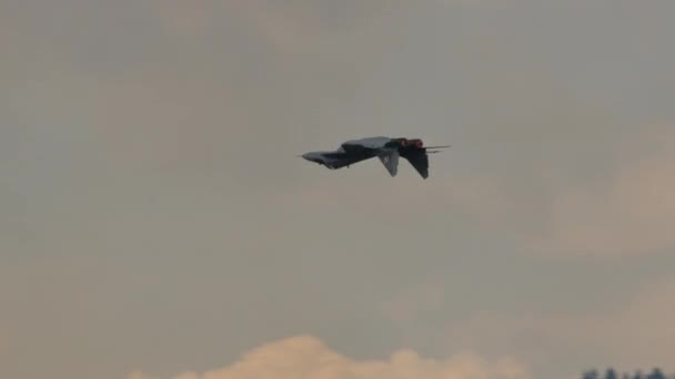 Samolot myśliwski wykonuje manewr wojenny z dopalaczem w złotej godzinie o zachodzie słońca. — Wideo stockowe