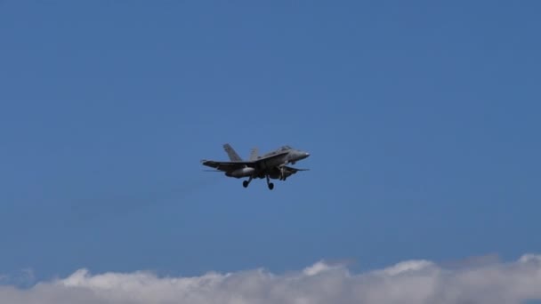 Avion de chasse supersonique en camouflage gris atterrissant par temps ensoleillé — Video