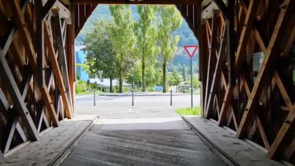 View from the Alte Rheinbrucke, an old wooden roofed bridge over the river Rhine — Wideo stockowe