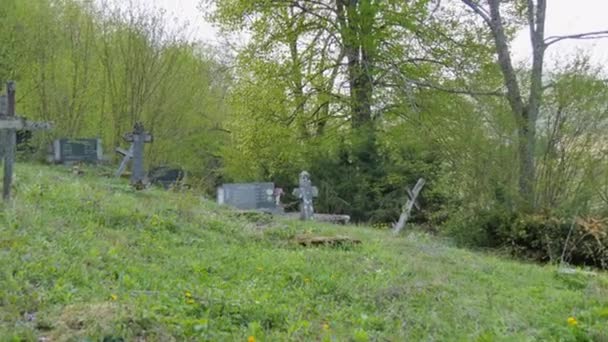 Cross signs in Smiljan graveyard Croatia Nikola Tesla birthplace Lika region — Stock Video