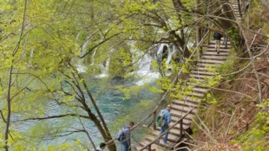 İnsanlar Plitvice Lakes Ulusal Parkı 'ndaki tahta kaldırıma ünlü şelalesiyle tırmanıyor.