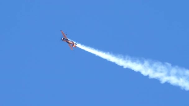 Rotes Akrobatikflugzeug vom Typ Suchoi Su-31 führt Stunt aus — Stockvideo