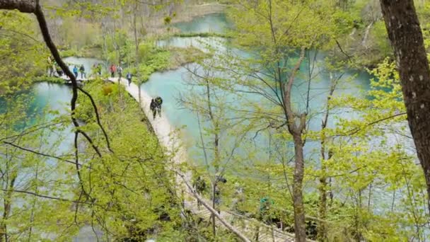 Туристы на деревянной дорожке среди водопада национального парка Плитвицкие озера — стоковое видео