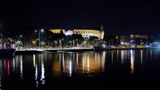 Pula Croatia August 2020 Night Timelapse Colorful Light Reflections Water — ストック動画