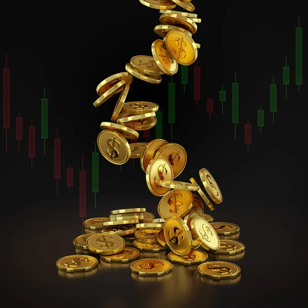 Money symbol coins, $ Dollar Icon coins falling on black floors and stock graphs on the background, 3d illustration