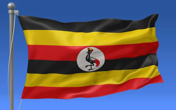 Flag Uganda Waving Top Flagpole Blue Sky Background — Stock Photo, Image