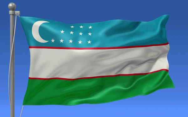 Vlajka Uzbekistánu Vlnící Vrcholu Stožáru Modrou Oblohou Pozadí — Stock fotografie