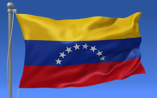 Прапор Венесуели Махаючи Верхівці Флагштока Синім Небом Задньому Плані — стокове фото