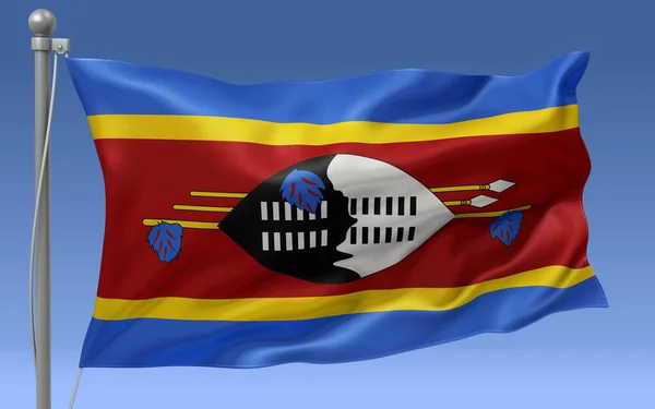 The flag of Swaziland waving at the top of a flagpole with a blue sky in the background