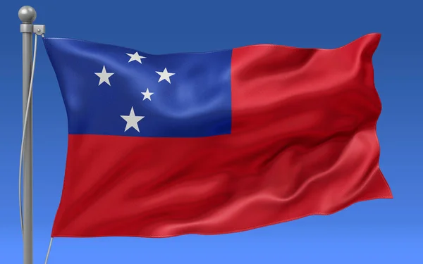 The flag of Samoa waving at the top of a flagpole with a blue sky in the background