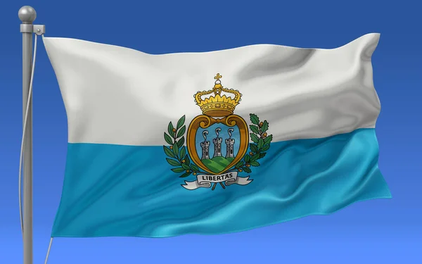 Flaga San Marino Machająca Szczycie Masztu Flagowego Niebieskim Niebem Tle — Zdjęcie stockowe